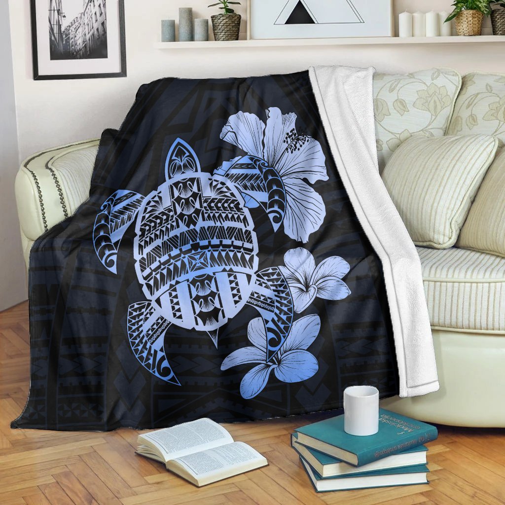 Hawaiian Kanaka Hibiscus Plumeria Mix Polynesian Turtle Premium Blankets - Blue - AH White - Polynesian Pride