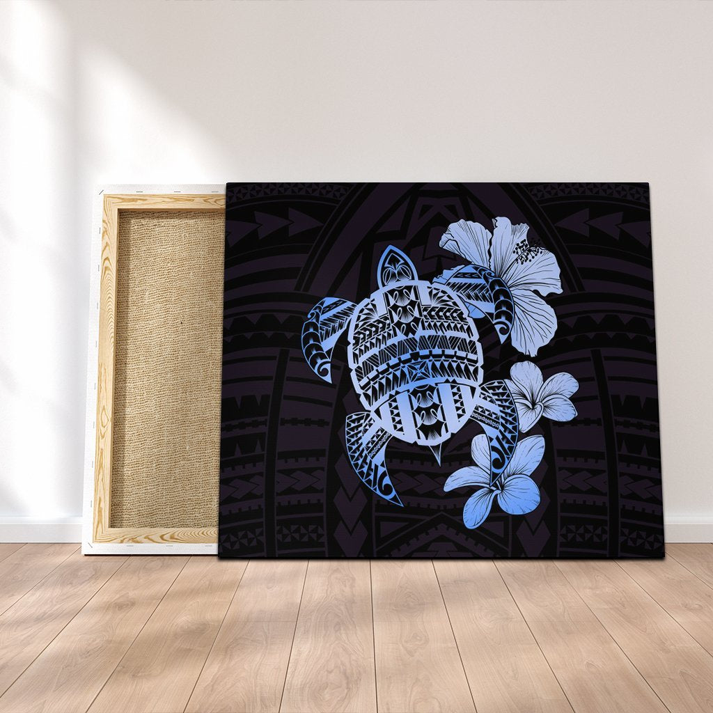 Hawaiian Kanaka Hibiscus Plumeria Mix Polynesian Turtle Canvas - Blue - AH Canvas Poly-cotton - Polynesian Pride