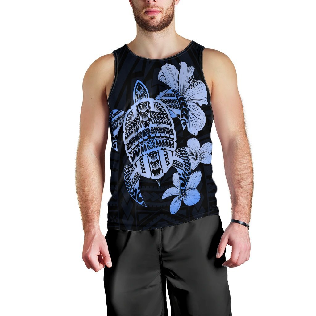 Hawaiian Kanaka Hibiscus Plumeria Mix Polynesian Turtle Tank Top - Blue - AH Black - Polynesian Pride