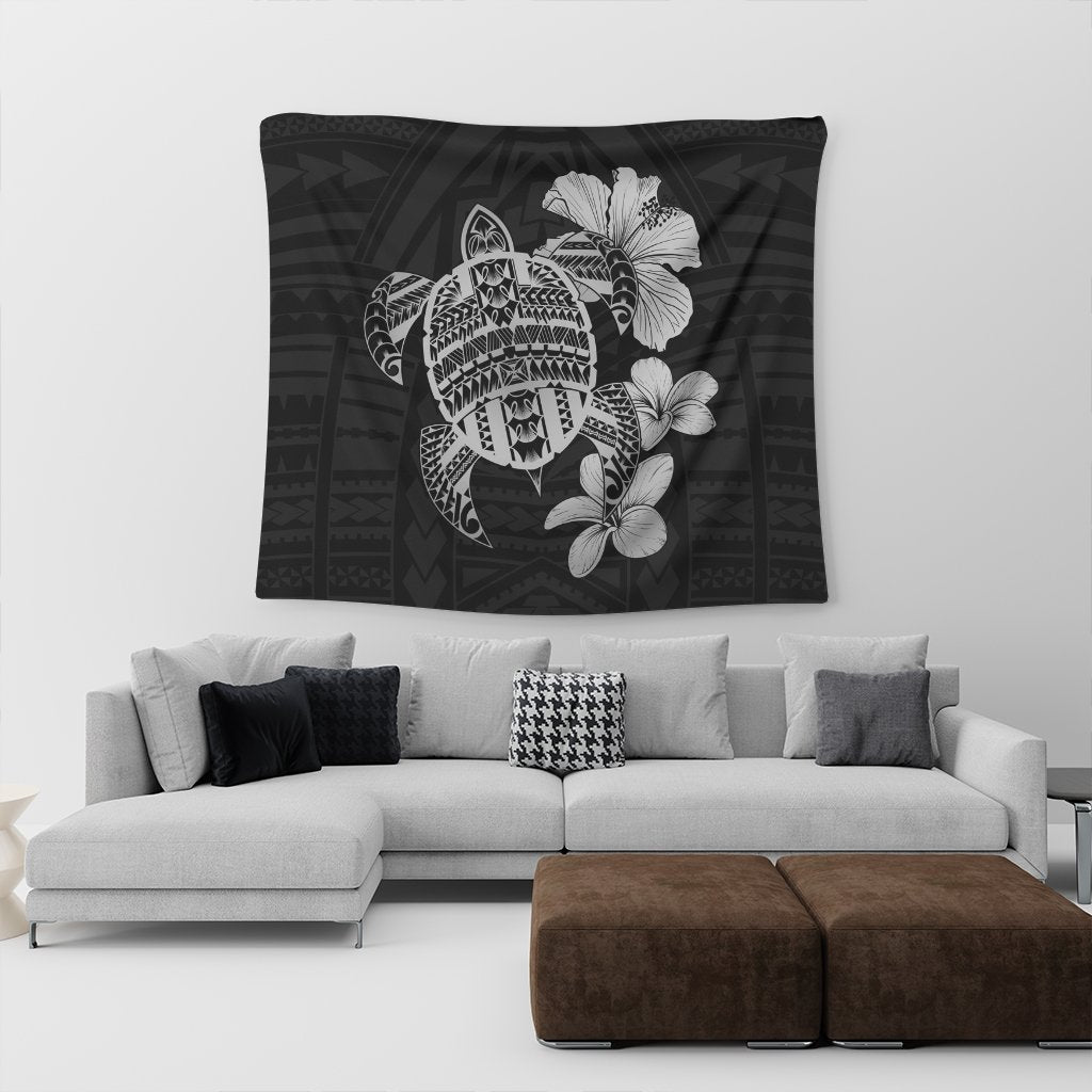 Hawaiian Kanaka Hibiscus Plumeria Mix Polynesian Turtle Tapestry - Gray - AH - Polynesian Pride