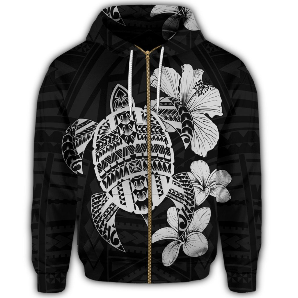 Hawaiian Kanaka Hibiscus Plumeria Mix Polynesian Turtle Zip Hoodie Gray - Polynesian Pride