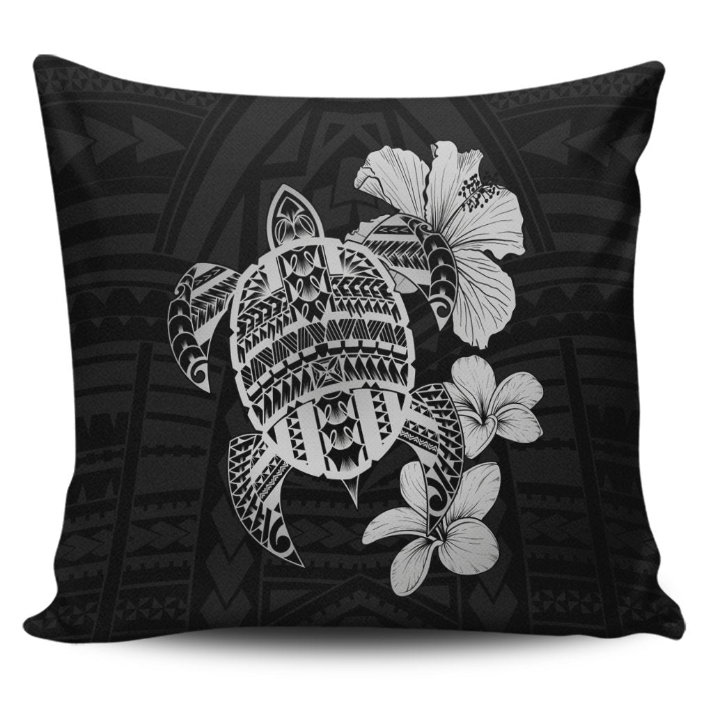 Hawaiian Kanaka Hibiscus Plumeria Mix Polynesian Turtle Pillow Covers - Gray - AH Pillow Covers Black - Polynesian Pride