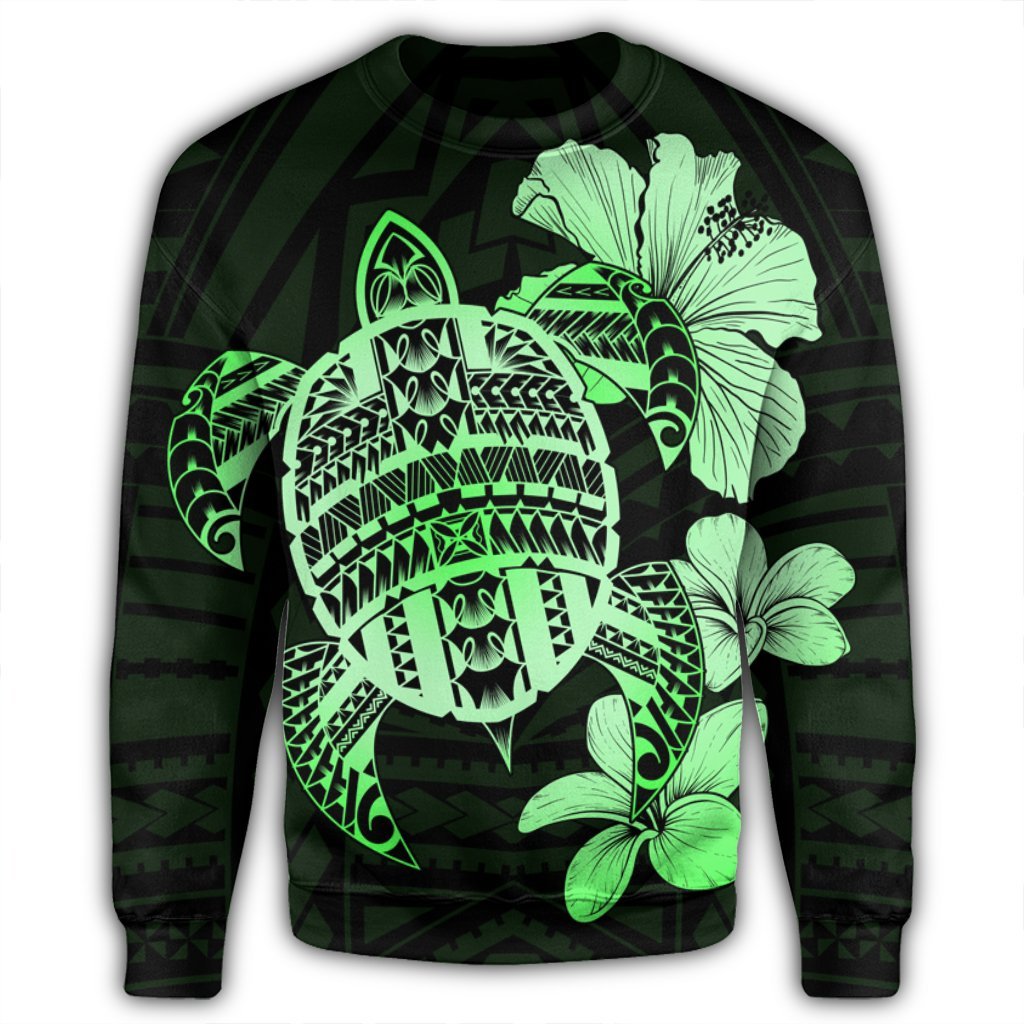 Hawaiian Kanaka Hibiscus Plumeria Mix Polynesian Turtle Sweatshirt - Green - AH - Polynesian Pride