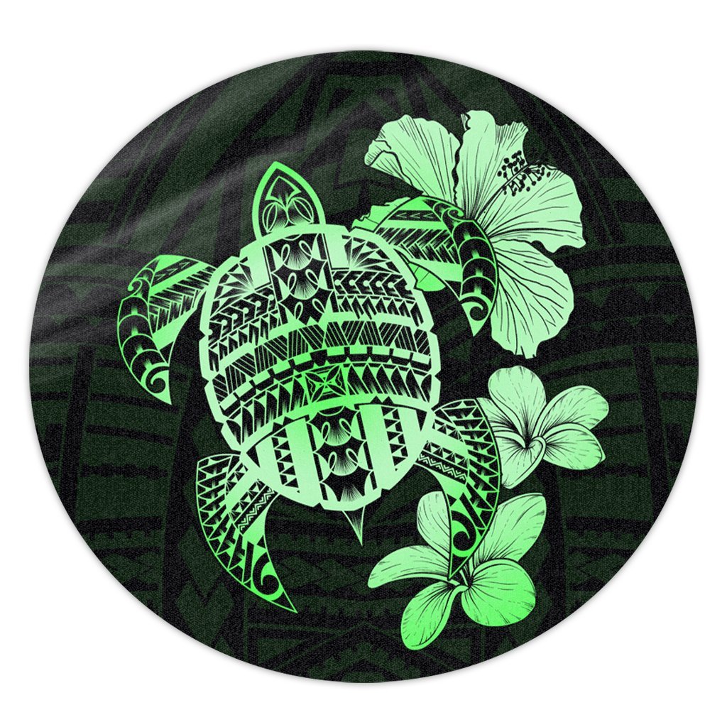 Hawaiian Kanaka Hibiscus Plumeria Mix Polynesian Turtle Round Carpet - Green - AH Round Carpet Luxurious Plush - Polynesian Pride