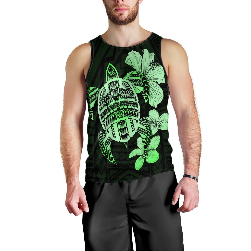 Hawaiian Kanaka Hibiscus Plumeria Mix Polynesian Turtle Tank Top - Green - AH Black - Polynesian Pride