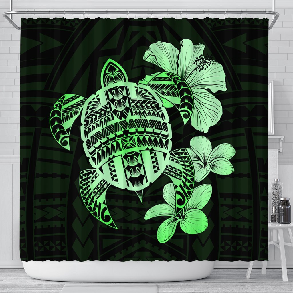 Hawaiian Kanaka Hibiscus Plumeria Mix Polynesian Turtle Shower Curtain - Green - AH 177 x 172 (cm) Black - Polynesian Pride