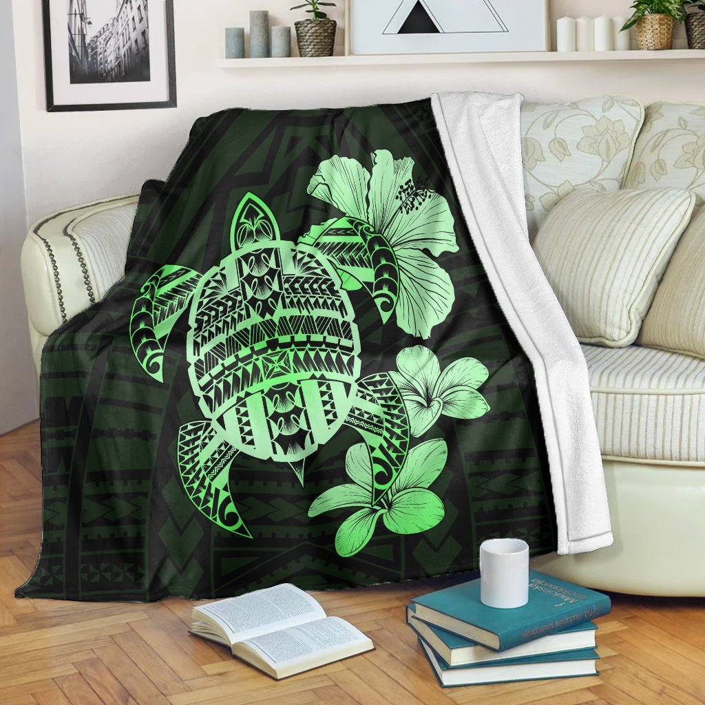 Hawaiian Kanaka Hibiscus Plumeria Mix Polynesian Turtle Premium Blankets - Green - AH White - Polynesian Pride