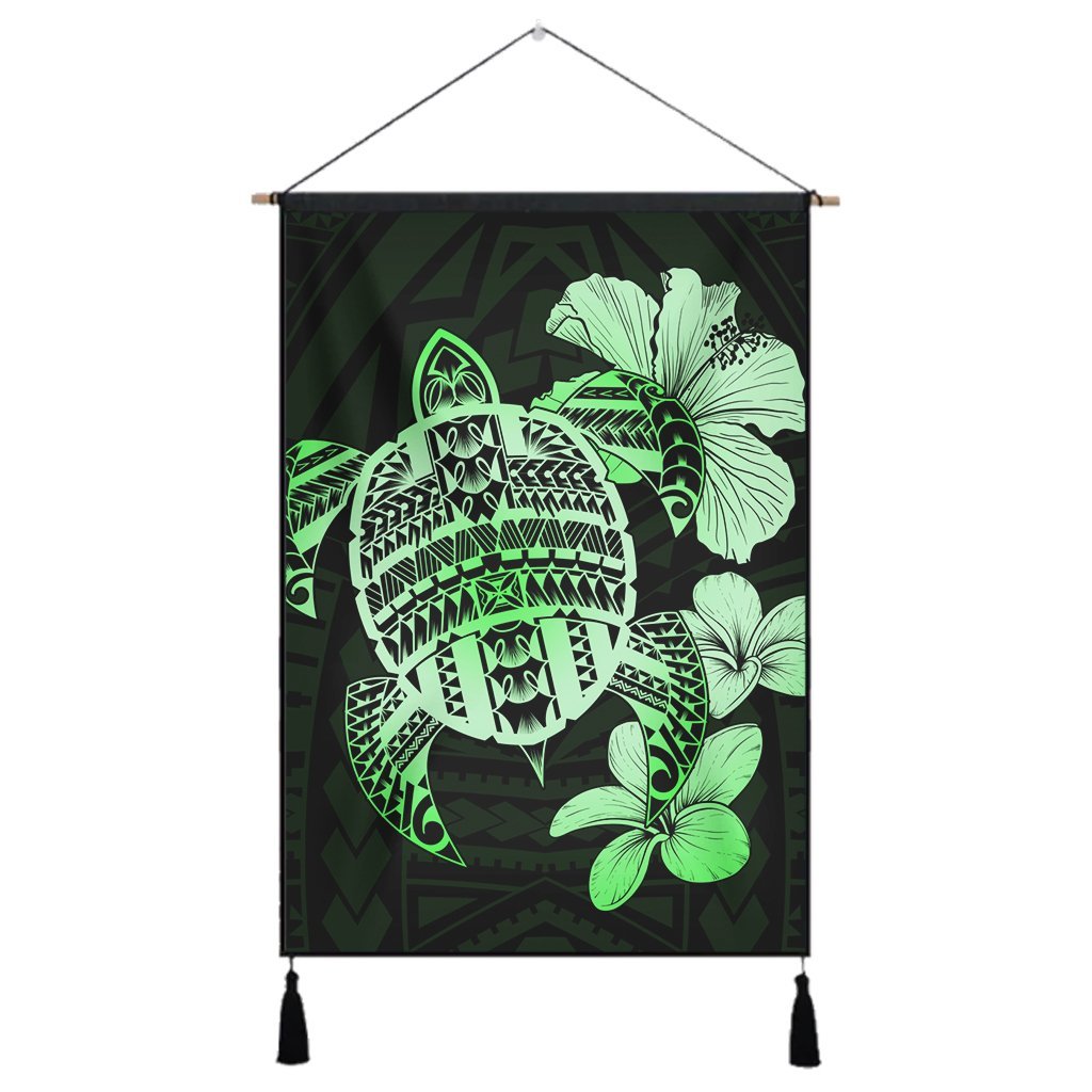 Hawaiian Kanaka Hibiscus Plumeria Mix Polynesian Turtle Hanging Poster - Green - AH Hanging Poster Cotton And Linen - Polynesian Pride
