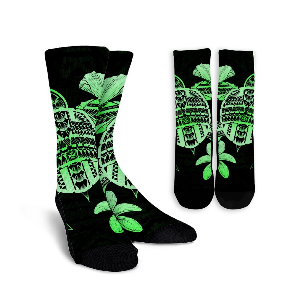 Hawaiian Kanaka Hibiscus Plumeria Mix Polynesian Turtle Crew Socks - Green - AH Crew Socks White - Polynesian Pride