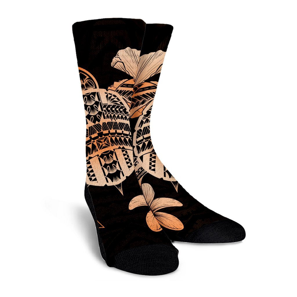 Hawaiian Kanaka Hibiscus Plumeria Mix Polynesian Turtle Crew Socks - Orange - AH - Polynesian Pride