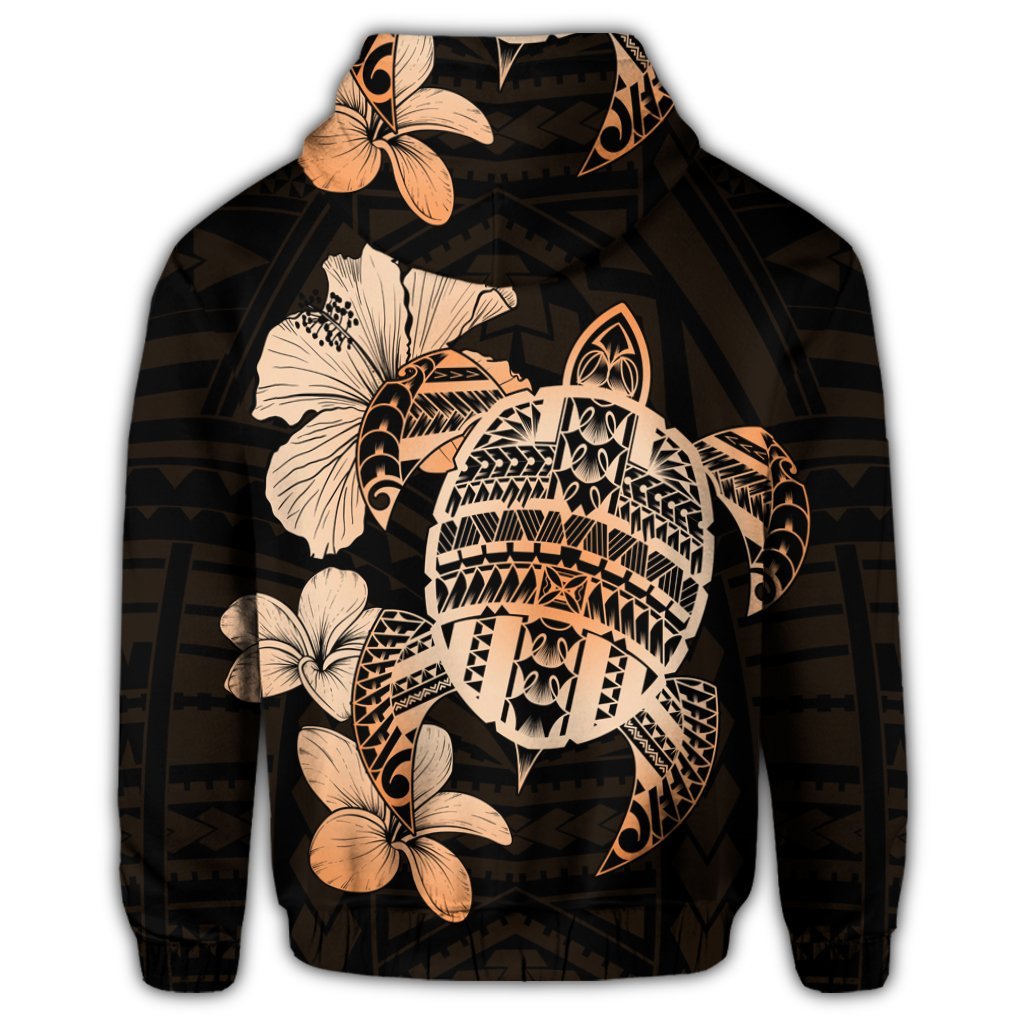 Hawaiian Kanaka Hibiscus Plumeria Mix Polynesian Turtle Hoodie Orange - Polynesian Pride