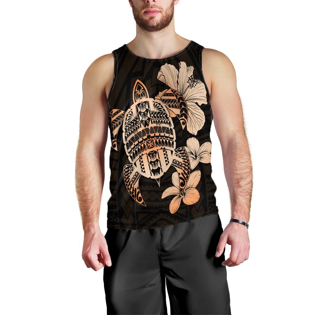 Hawaiian Kanaka Hibiscus Plumeria Mix Polynesian Turtle Tank Top - Orange - AH Black - Polynesian Pride