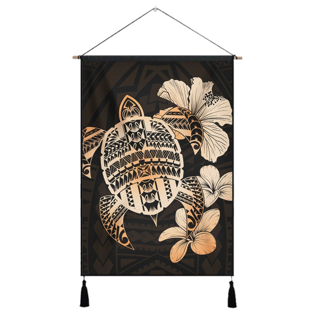 Hawaiian Kanaka Hibiscus Plumeria Mix Polynesian Turtle Hanging Poster - Orange - AH Hanging Poster Cotton And Linen - Polynesian Pride
