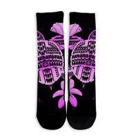 Hawaiian Kanaka Hibiscus Plumeria Mix Polynesian Turtle Crew Socks - Pink - AH - Polynesian Pride