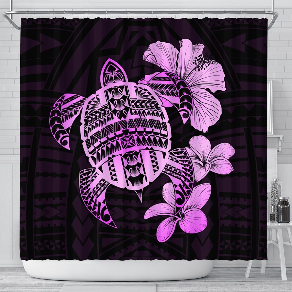 Hawaiian Kanaka Hibiscus Plumeria Mix Polynesian Turtle Shower Curtain - Pink - AH 177 x 172 (cm) Black - Polynesian Pride