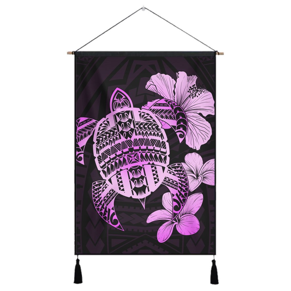 Hawaiian Kanaka Hibiscus Plumeria Mix Polynesian Turtle Hanging Poster - Pink - AH Hanging Poster Cotton And Linen - Polynesian Pride