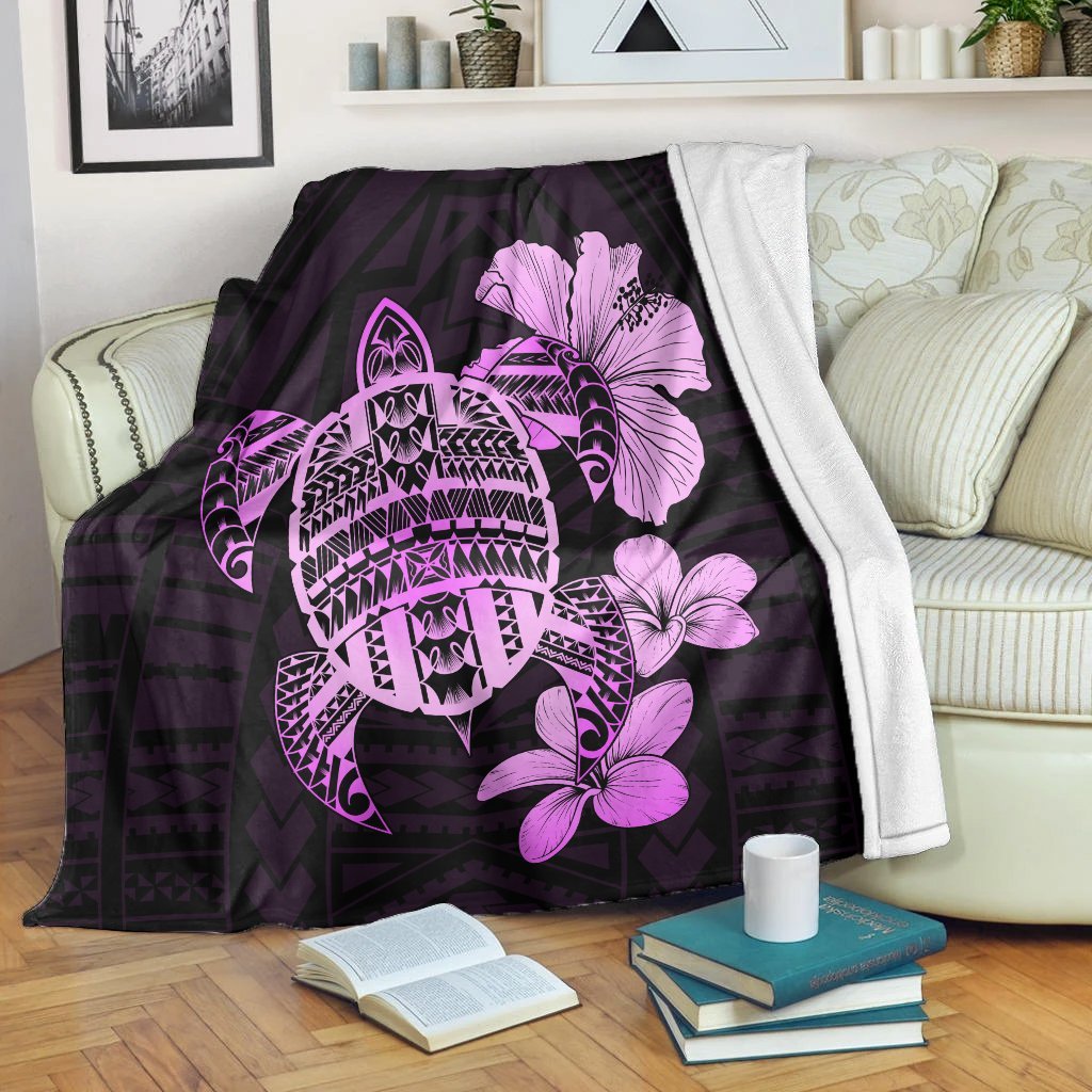 Hawaiian Kanaka Hibiscus Plumeria Mix Polynesian Turtle Premium Blankets - Pink - AH White - Polynesian Pride