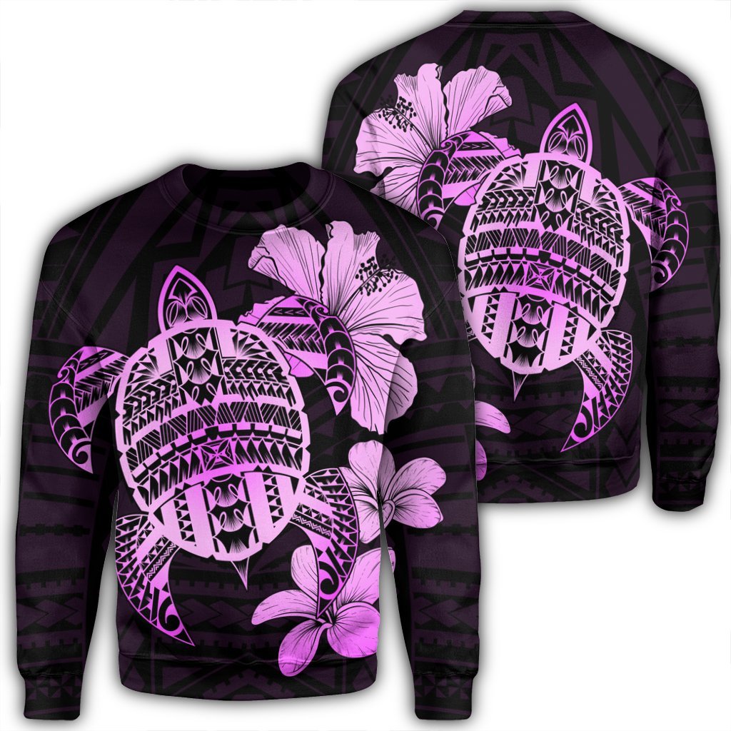 Hawaiian Kanaka Hibiscus Plumeria Mix Polynesian Turtle Sweatshirt - Pink - AH Unisex Black - Polynesian Pride