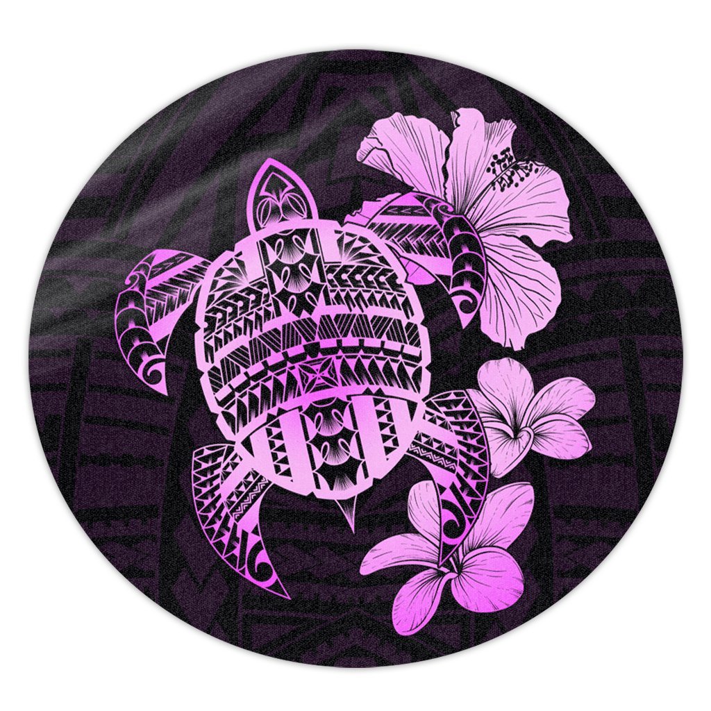 Hawaiian Kanaka Hibiscus Plumeria Mix Polynesian Turtle Round Carpet - Pink - AH Round Carpet Luxurious Plush - Polynesian Pride