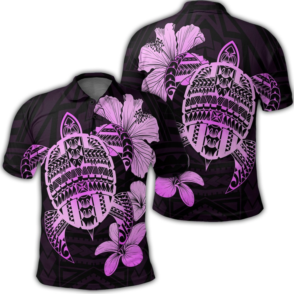 Hawaiian Kanaka Hibiscus Plumeria Mix Polynesian Turtle Polo Shirt Pink Unisex Black - Polynesian Pride