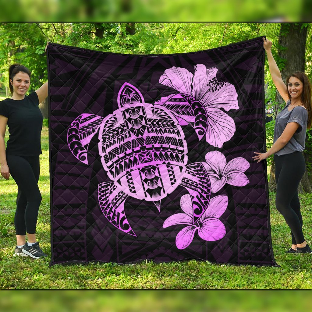 Hawaiian Kanaka Hibiscus Plumeria Mix Polynesian Turtle Premium Quilts - Pink - AH Black - Polynesian Pride