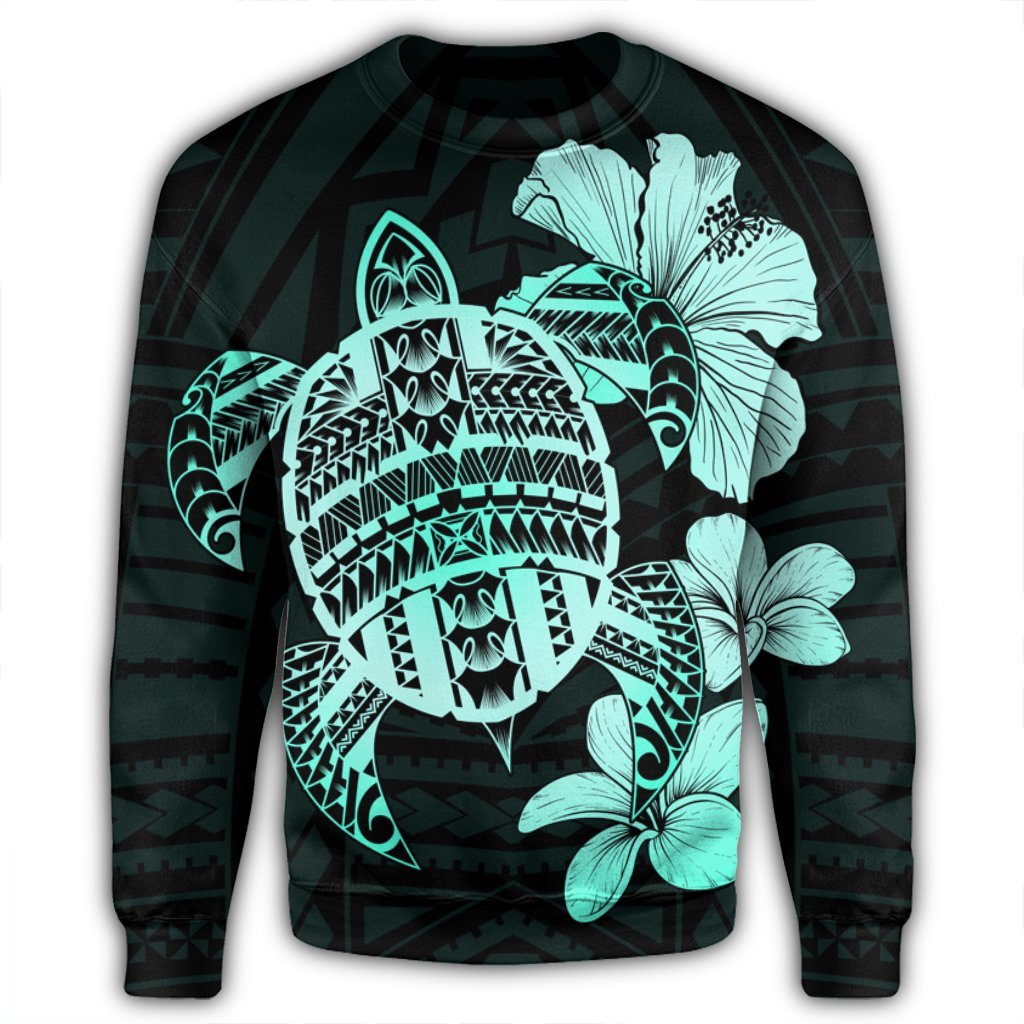 Hawaiian Kanaka Hibiscus Plumeria Mix Polynesian Turtle Sweatshirt - Turquoise - AH - Polynesian Pride
