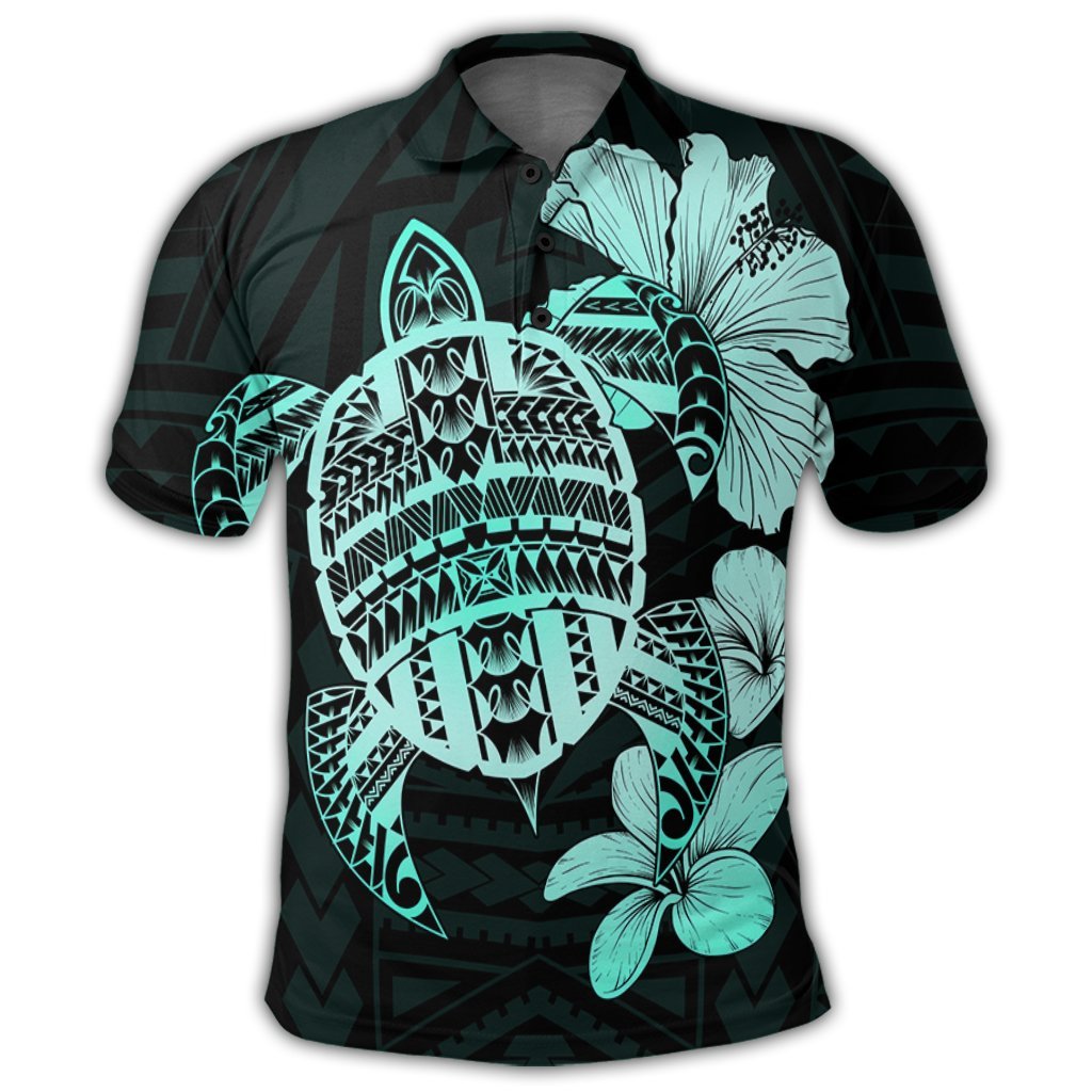 Hawaiian Kanaka Hibiscus Plumeria Mix Polynesian Turtle Polo Shirt Turquoise - Polynesian Pride
