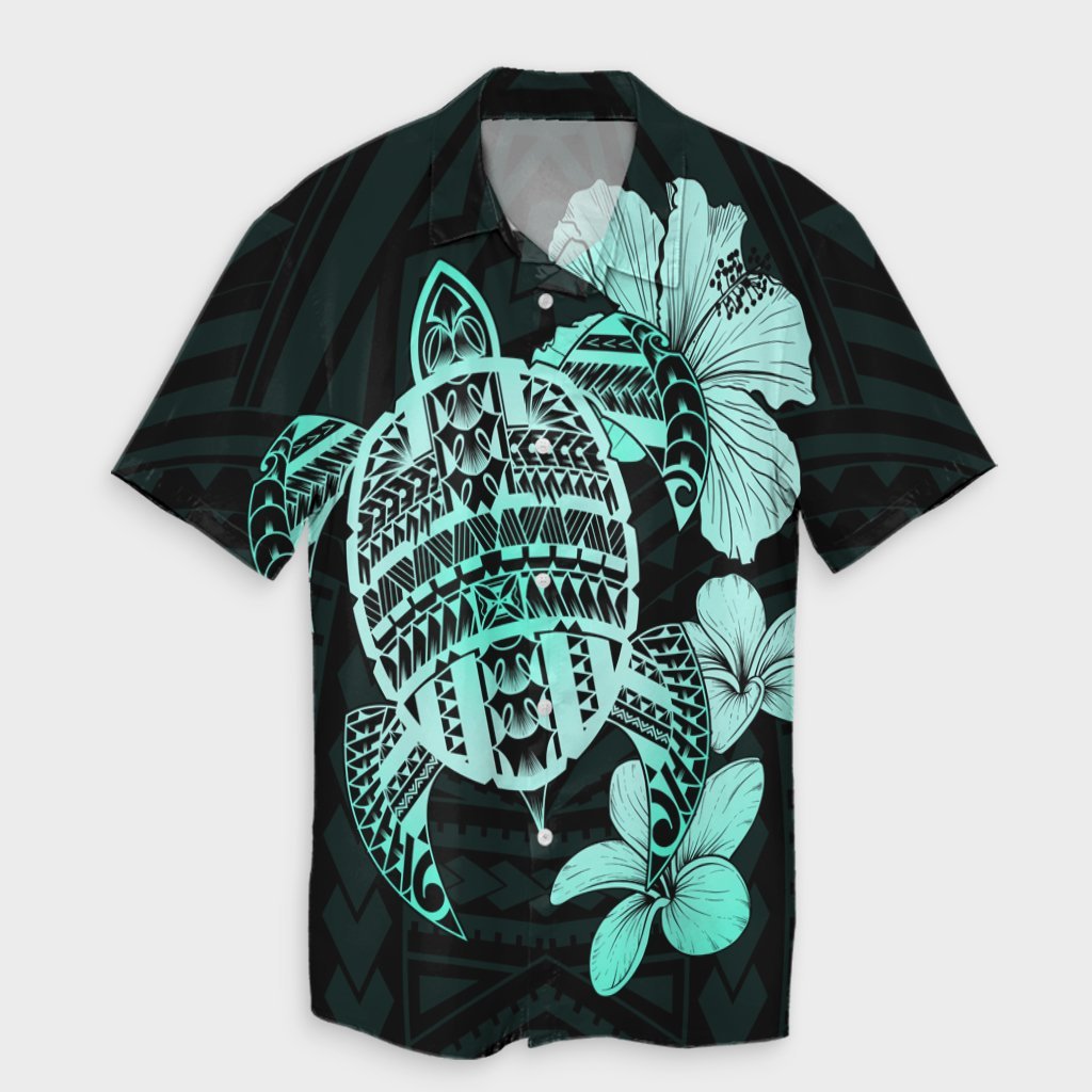 Hawaiian Kanaka Hibiscus Plumeria Mix Polynesian Turtle Hawaiian Shirt - Turquoise - AH Unisex Black - Polynesian Pride