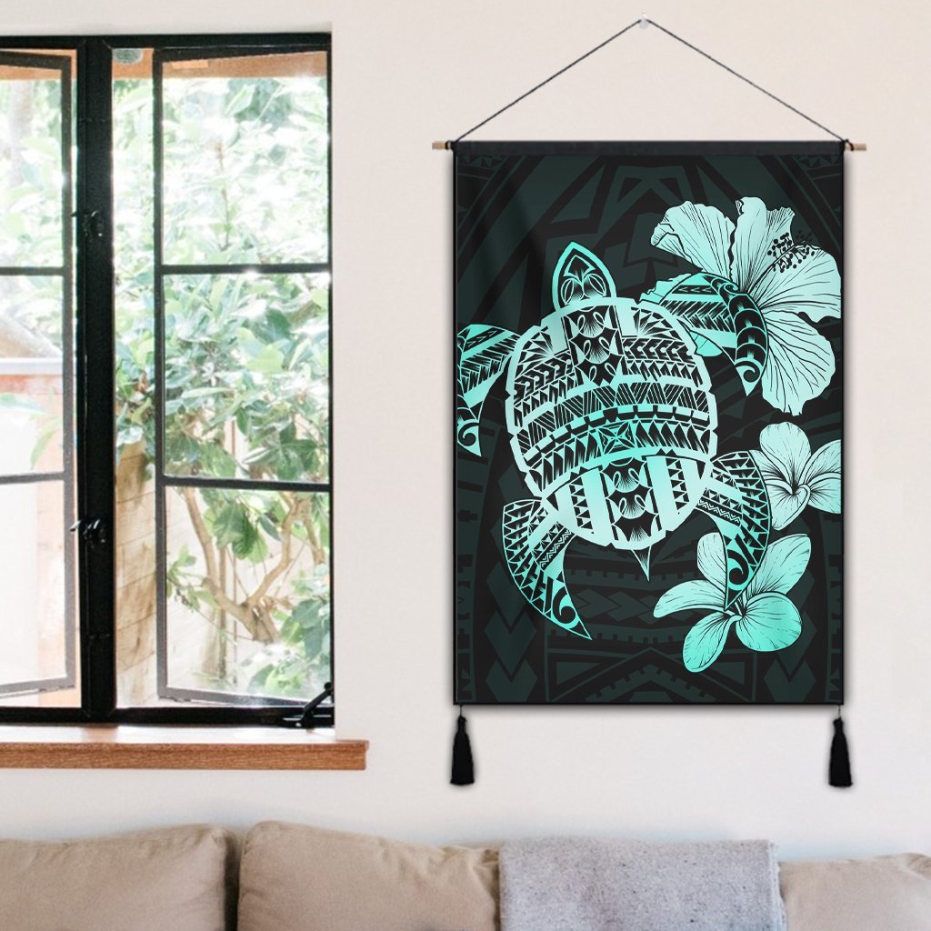 Hawaiian Kanaka Hibiscus Plumeria Mix Polynesian Turtle Hanging Poster - Turquoise - AH - Polynesian Pride