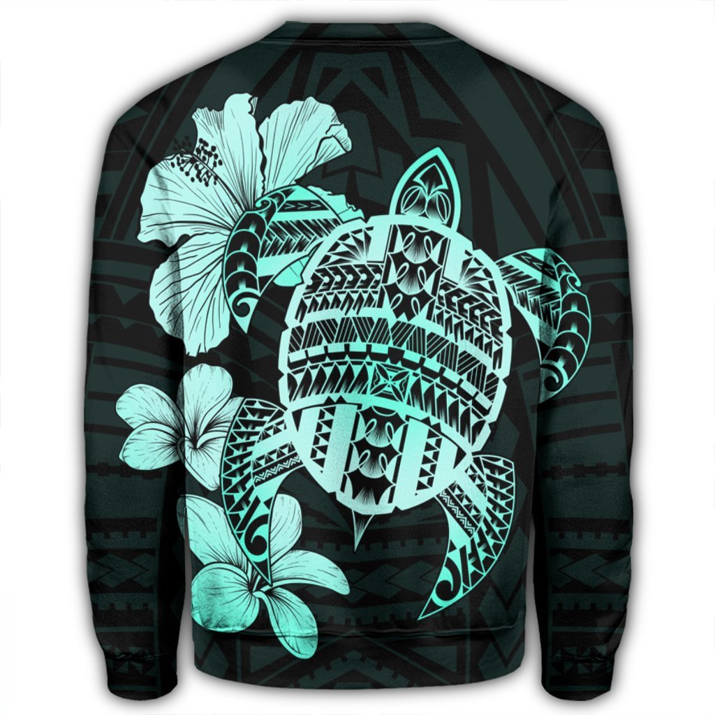 Hawaiian Kanaka Hibiscus Plumeria Mix Polynesian Turtle Sweatshirt - Turquoise - AH - Polynesian Pride