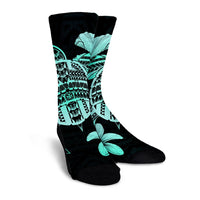 Hawaiian Kanaka Hibiscus Plumeria Mix Polynesian Turtle Crew Socks - Turquoise - AH - Polynesian Pride