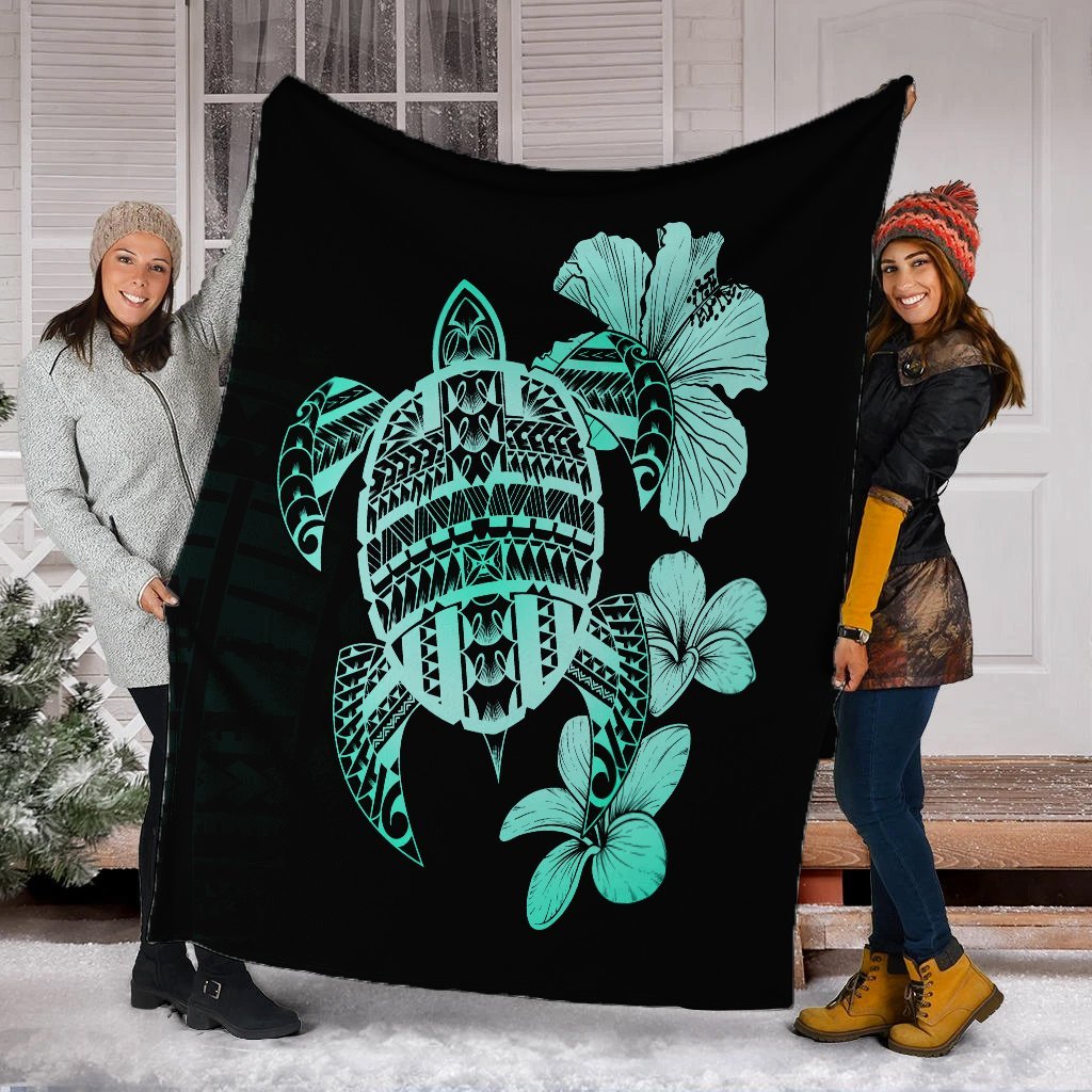 Hawaiian Kanaka Hibiscus Plumeria Mix Polynesian Turtle Premium Blankets - Turquoise - AH - Polynesian Pride