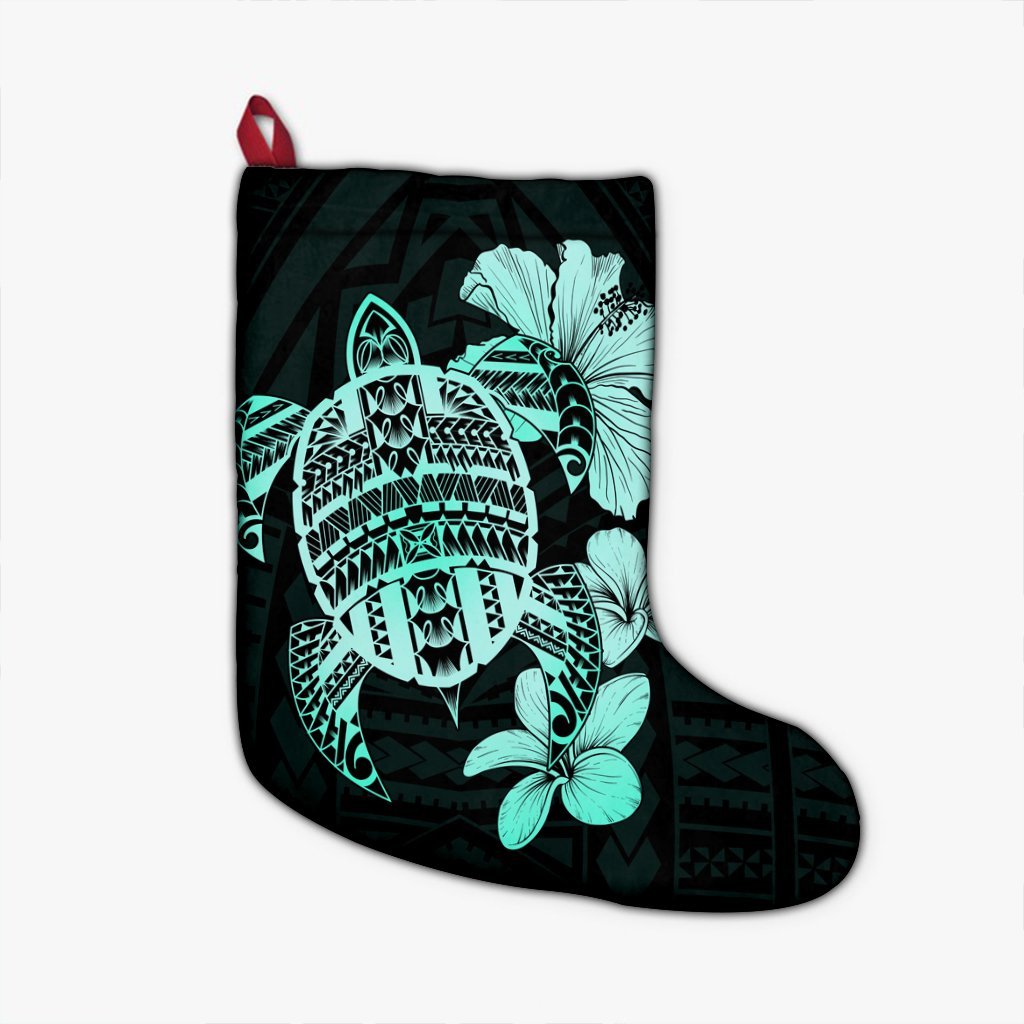 Hawaiian Kanaka Hibiscus Plumeria Mix Polynesian Turtle Christmas Stocking - Turquoise - AH Christmas Stocking 26 X 42 cm Black - Polynesian Pride