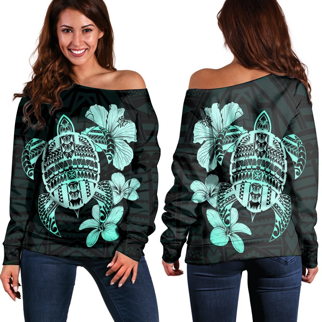 Hawaiian Kanaka Hibiscus Plumeria Mix Polynesian Turtle Women's Off Shoulder Sweater - Turquoise - AH Black - Polynesian Pride