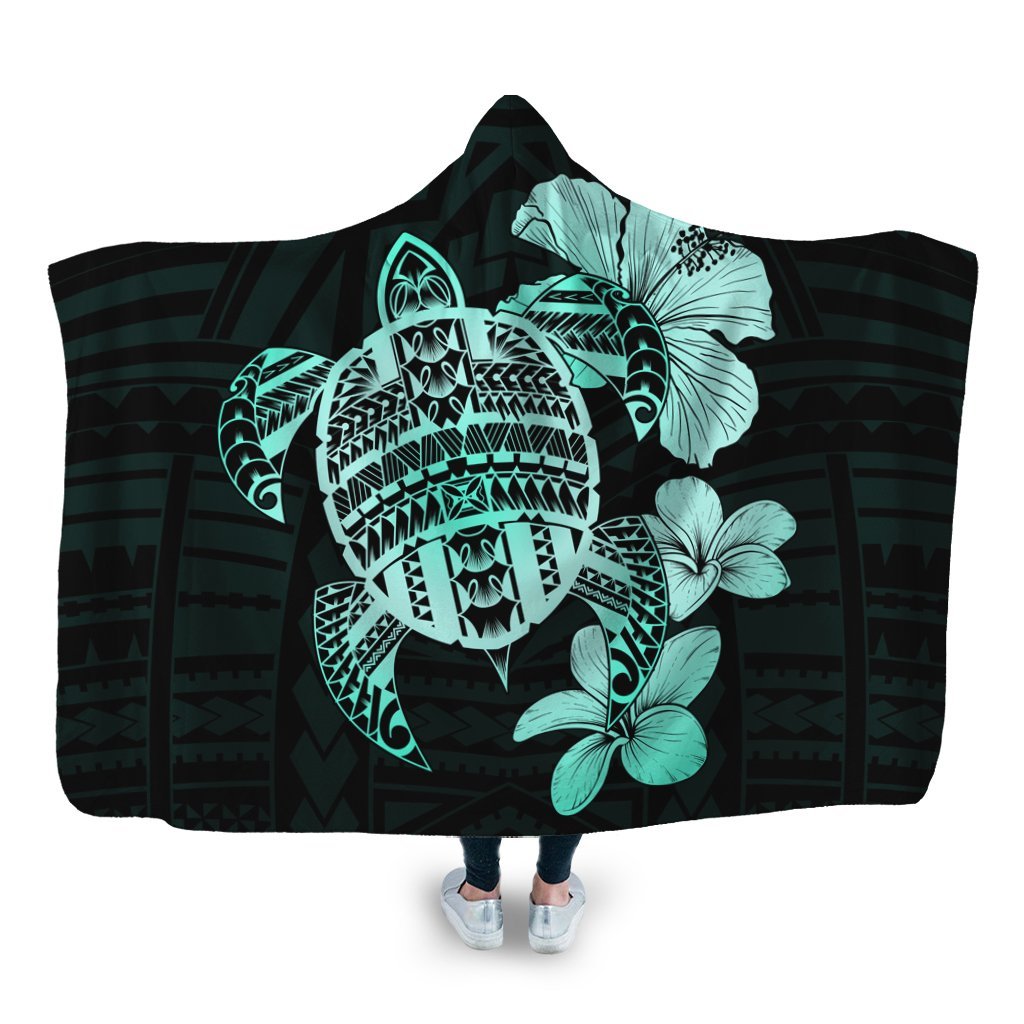 Hawaiian Kanaka Hibiscus Plumeria Mix Polynesian Turtle Hooded Blanket - Turquoise - AH Hooded Blanket White - Polynesian Pride