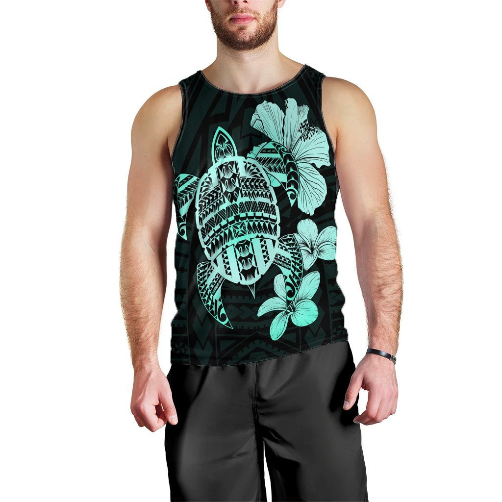 Hawaiian Kanaka Hibiscus Plumeria Mix Polynesian Turtle Tank Top - Turquoise - AH Black - Polynesian Pride