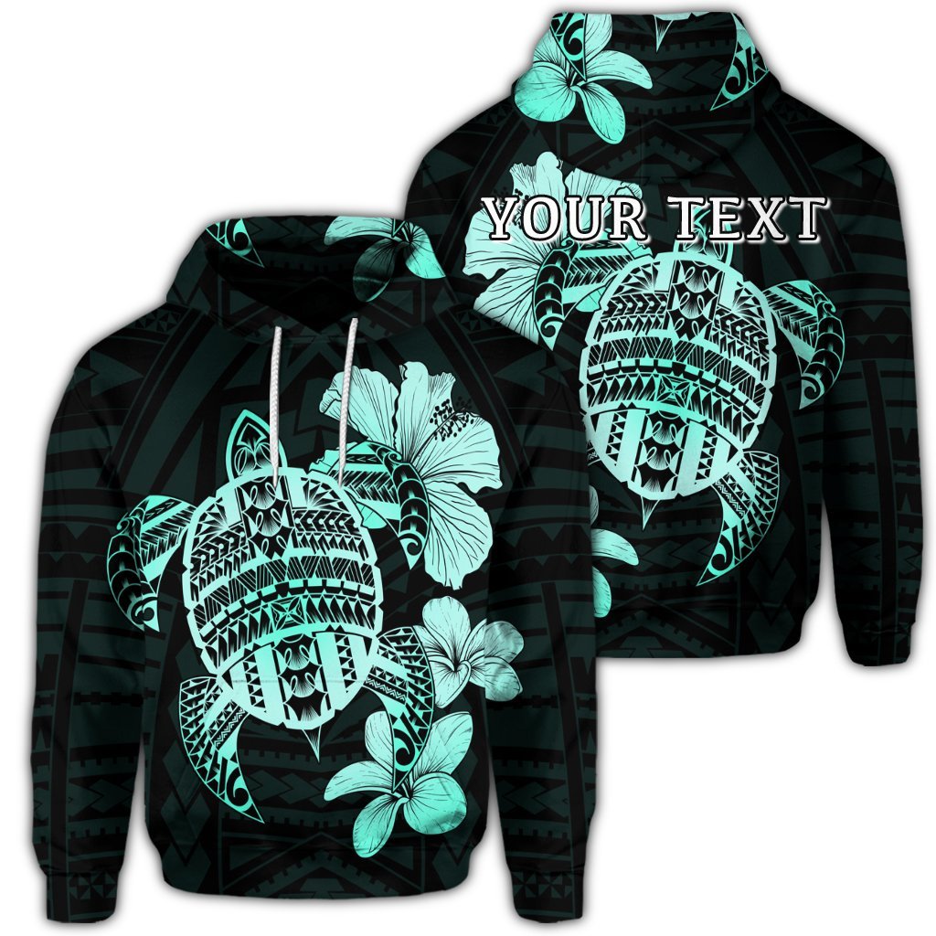 Custom Hawaiian Kanaka Hibiscus Plumeria Mix Polynesian Turtle Hoodie Turquoise Unisex Art - Polynesian Pride