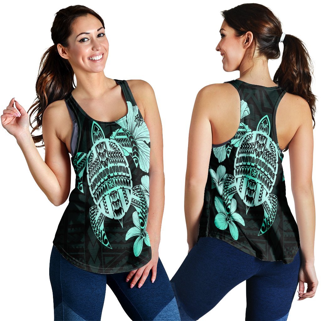 Hawaiian Kanaka Hibiscus Plumeria Mix Polynesian Turtle Racerback Tank - Turquoise - AH Black - Polynesian Pride