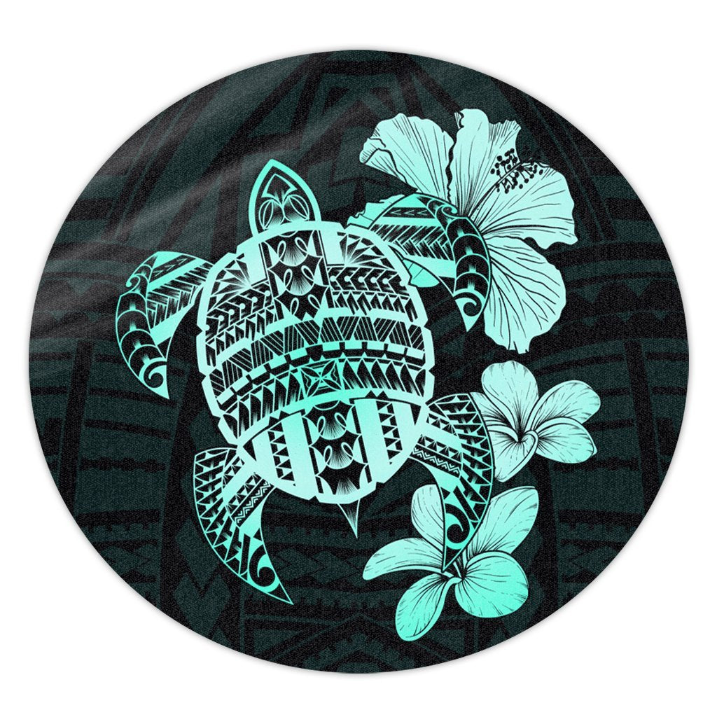 Hawaiian Kanaka Hibiscus Plumeria Mix Polynesian Turtle Round Carpet - Turquoise - AH Round Carpet Luxurious Plush - Polynesian Pride