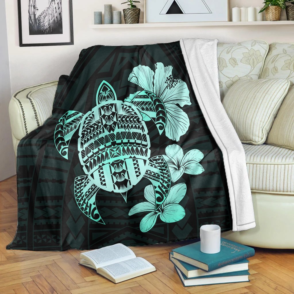 Hawaiian Kanaka Hibiscus Plumeria Mix Polynesian Turtle Premium Blankets - Turquoise - AH White - Polynesian Pride