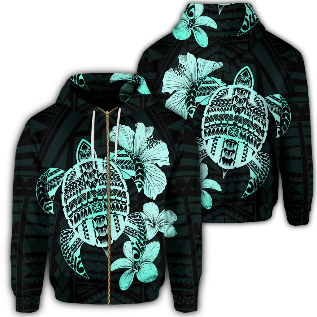 Hawaiian Kanaka Hibiscus Plumeria Mix Polynesian Turtle Zip Hoodie Turquoise Unisex Art - Polynesian Pride