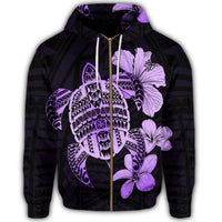 Hawaiian Kanaka Hibiscus Plumeria Mix Polynesian Turtle Zip Hoodie Violet - Polynesian Pride