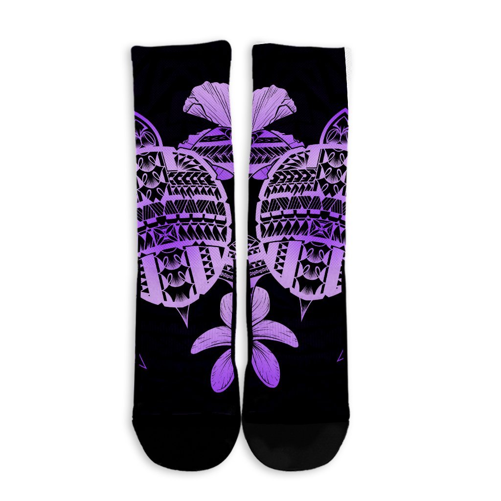 Hawaiian Kanaka Hibiscus Plumeria Mix Polynesian Turtle Crew Socks - Violet - AH - Polynesian Pride