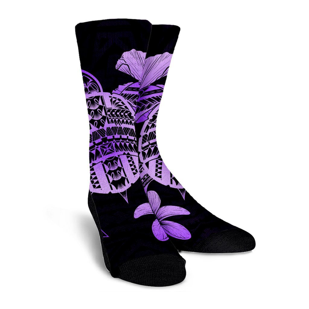 Hawaiian Kanaka Hibiscus Plumeria Mix Polynesian Turtle Crew Socks - Violet - AH - Polynesian Pride