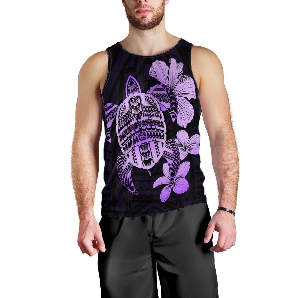 Hawaiian Kanaka Hibiscus Plumeria Mix Polynesian Turtle Tank Top - Violet - AH Black - Polynesian Pride