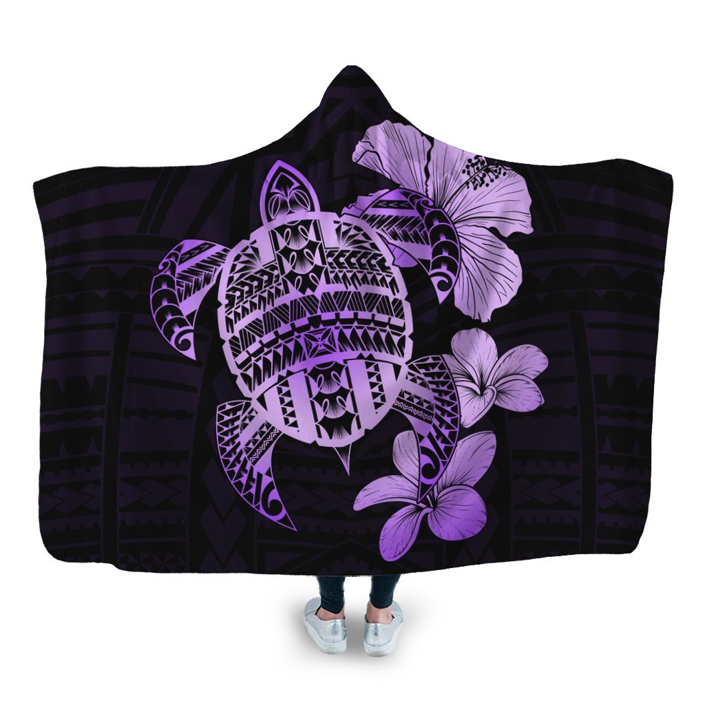 Hawaiian Kanaka Hibiscus Plumeria Mix Polynesian Turtle Hooded Blanket - Violet - AH Hooded Blanket White - Polynesian Pride