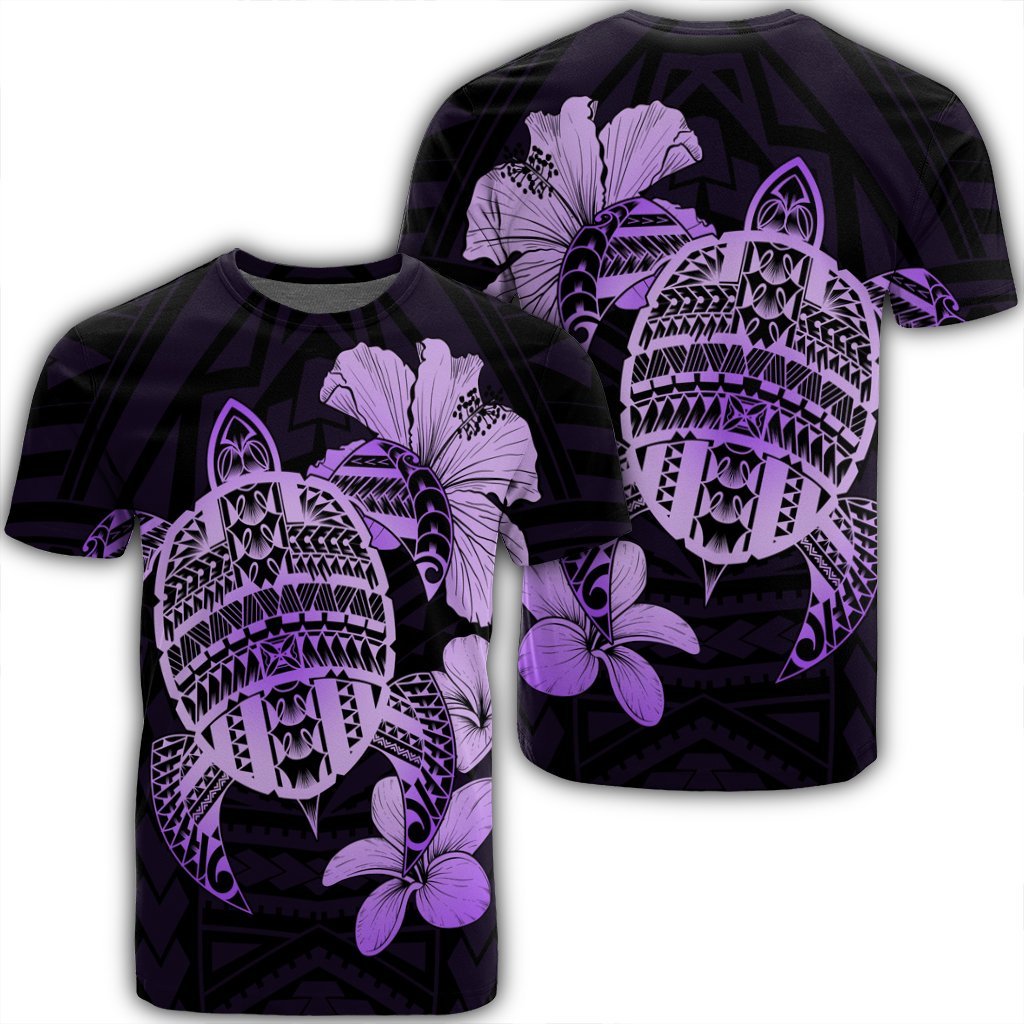 Hawaiian Kanaka Hibiscus Plumeria Mix Polynesian Turtle T Shirt Violet Unisex Black - Polynesian Pride