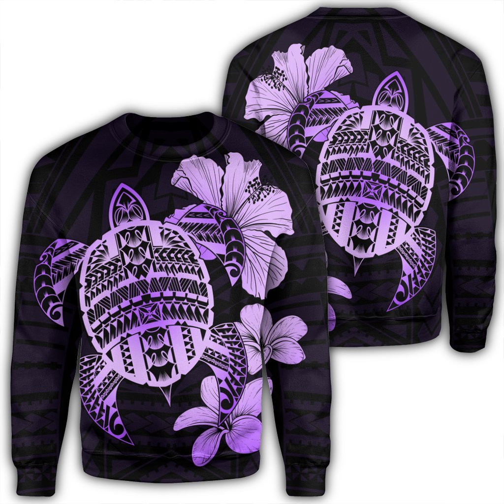 Hawaiian Kanaka Hibiscus Plumeria Mix Polynesian Turtle Sweatshirt - Violet - AH Unisex Black - Polynesian Pride