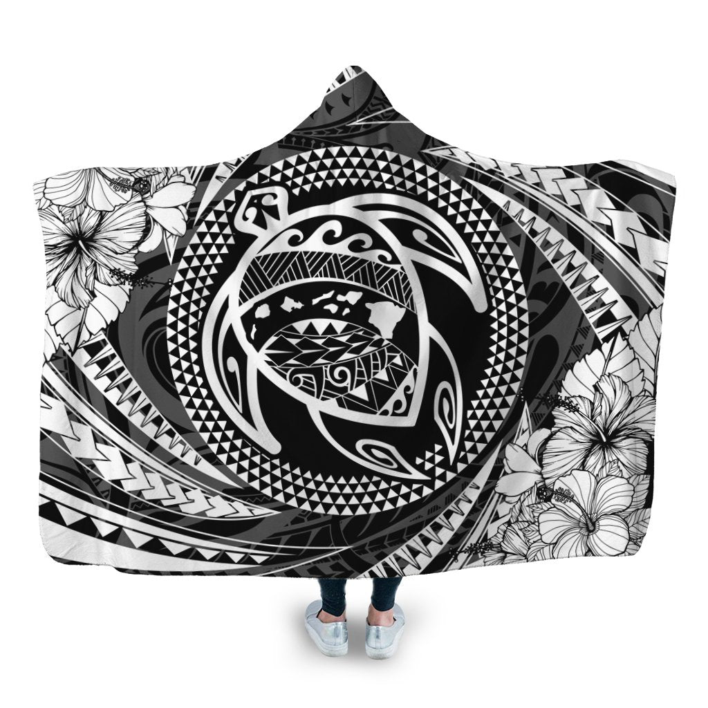 Hawaiian Kanaka Honu Hibiscus Tornando Polynesian Hooded Blanket - AH Hooded Blanket White - Polynesian Pride