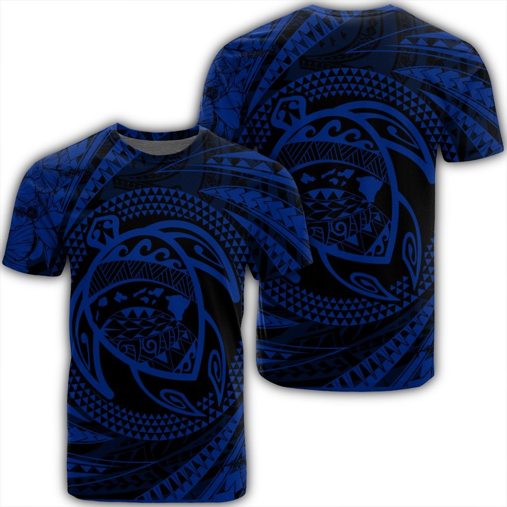 Hawaiian Kanaka Honu Hibiscus Tornando Polynesian Blue T Shirt Unisex Black - Polynesian Pride